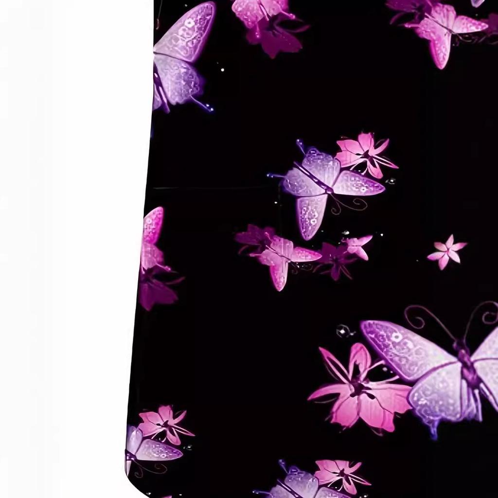 Romantic Pink Butterfly 3D Digital Print Women's Pocket V-neck Pullover Short Sleeved T-shirt Hospital Protective Apparel