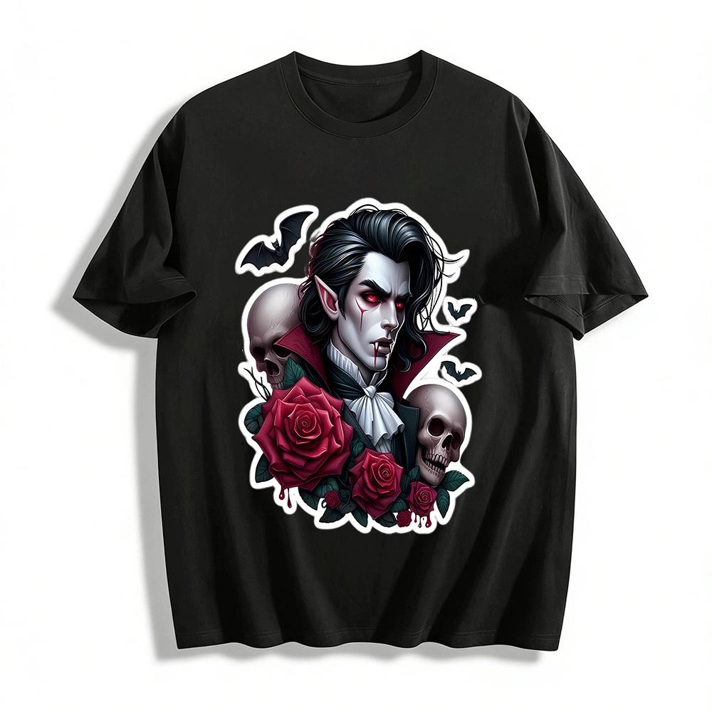 Gothic Vampire Rose Skull Print Dark Style Personality Top Pure cotton T-shirt XXS