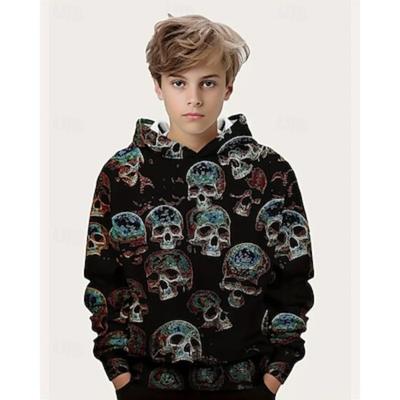 Boys 3D Graphic Skull Hoodie Long Sleeve Spring Fall Fashion Streetwear Polyester Kids 4-12 Years Hooded Outdoor Casual Daily Regular Fit