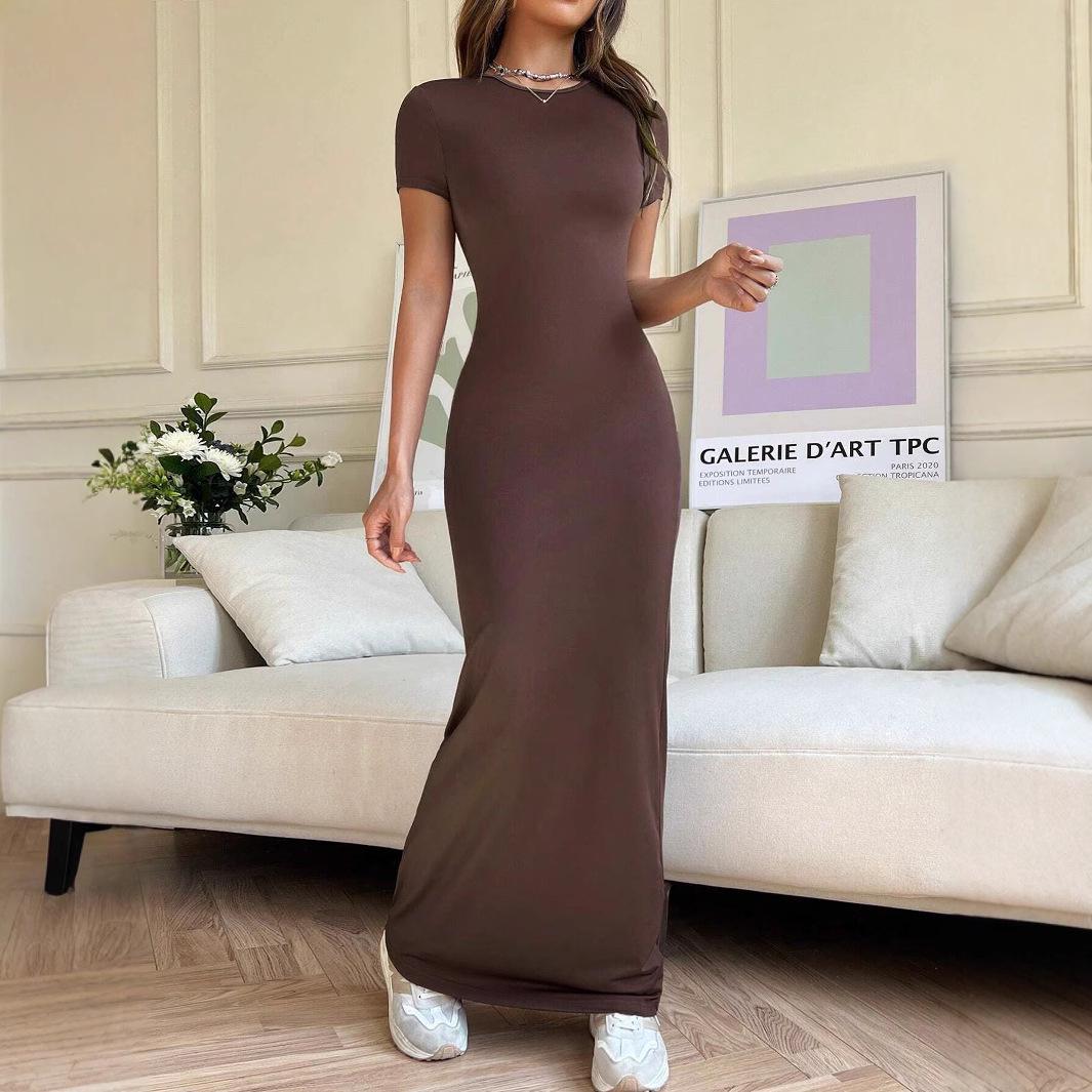 2026 Spring/Summer European & American Women s Solid Color Slim Fit Short Sleeve Dress S