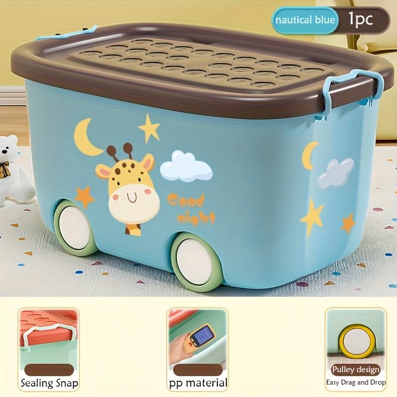2Color Cartoon Cute Storage Box with Wheels a Household Storage Box with a Handle And Lid,Comes with a Set of Cartoon Stickers,Stackable for Books,