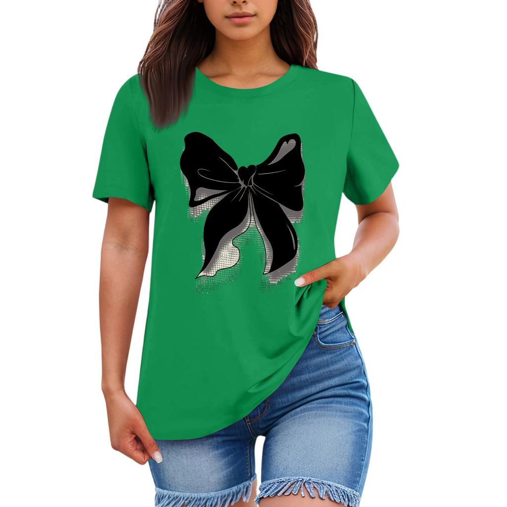 Ladies' Loose Comfortable Casual Fashionable  Bow Pattern Printed Round Neck Short Sleeved Shirt