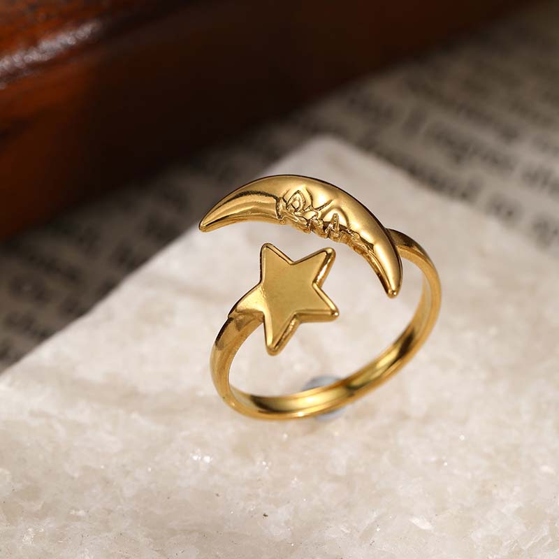Stainless Steel Gold Color Star Moon Open Rings for Women Minimalist Metal Geometric Adjustable Ring Waterproof Zircon Gift