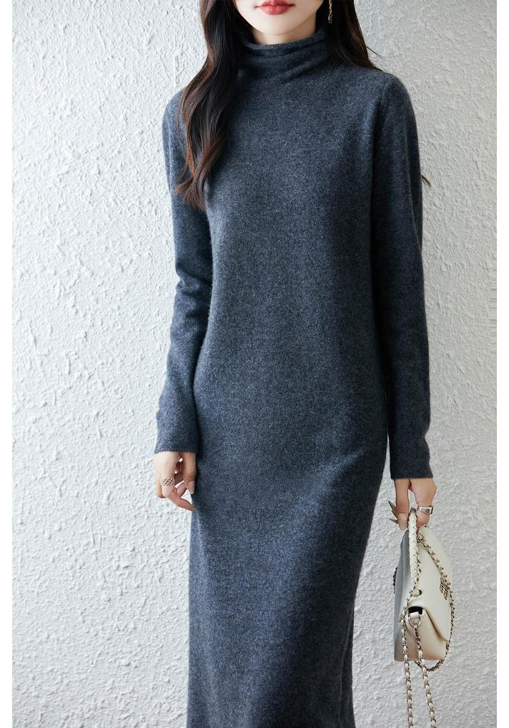 Women's 100% Wool High Neck Over-the-Knee Slimming Dress - Autumn/Winter 2025 Collection