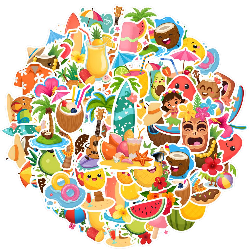 35pcs-50pcs Cartoon Tropical Stickers Playful Beach Stationery Stickers Summer Stickers For Laptop Motorcycle Luggage Phone DIY