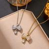 Exquisite Zirconia Bow & Water Drop Pendant Necklace - Stainless Steel Clavicle Chain for Women