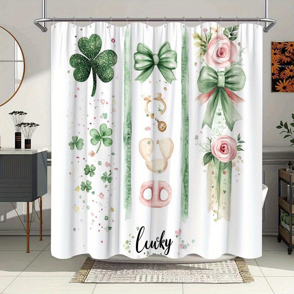 

St. Patrick S Day Shower Curtain - Shamrocks, Golden Coins, Pink Roses, Lucky Script, Polyester, 12 Hooks, Whimsical Design W60H190(CM)-1 Pcs
