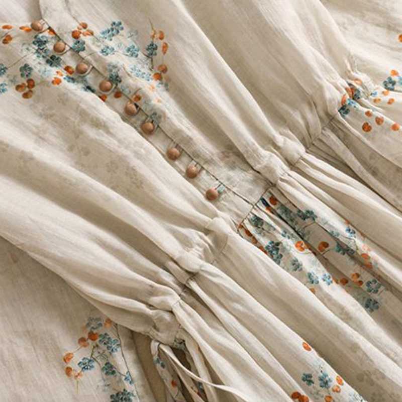 Summer Dress Women Long Print Elegant Clothing Vintage Elastic Waist Korean Beach Style V-Neck Robe