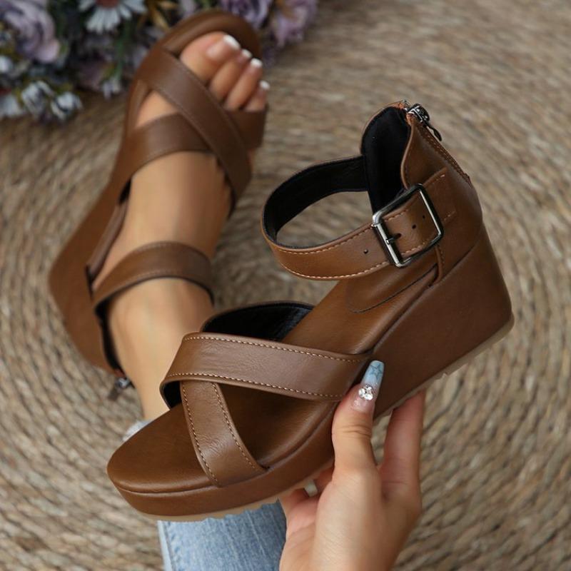 Sandali con Tacco Spesso Stile Romano 2026 Moda Estiva Donna Taglia Grande Fibbia a Cinturino Tacco Alto Piattaforma Ciabatte Pelle PU
