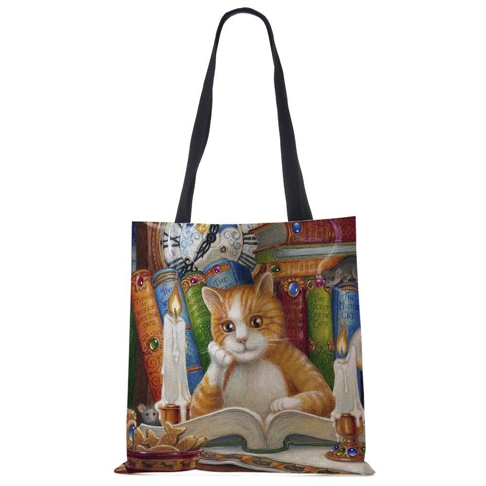 Customize Oil Painting Cat Print Womens Designer Tote Bags Linen Reusable Shopping Bag For Groceries Shoulder Bags for Lady 2020 Casually