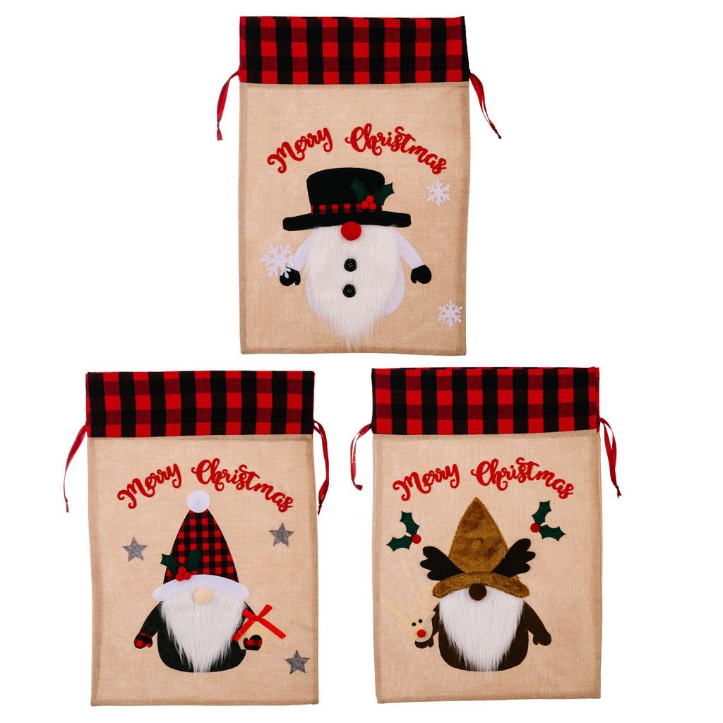 Cartoon Style Christmas Burlap Gift Bags Featuring Merry Snowman Reindeer Design