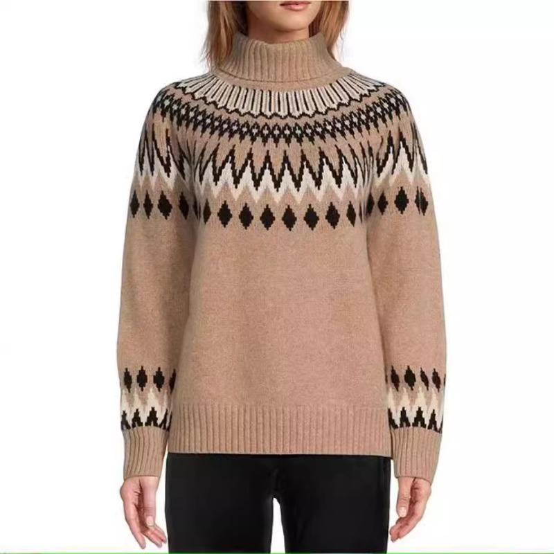 Damenmode Casual Geometric Print Herbst Winter Langarm Halb Rollkragen Lose Pullover