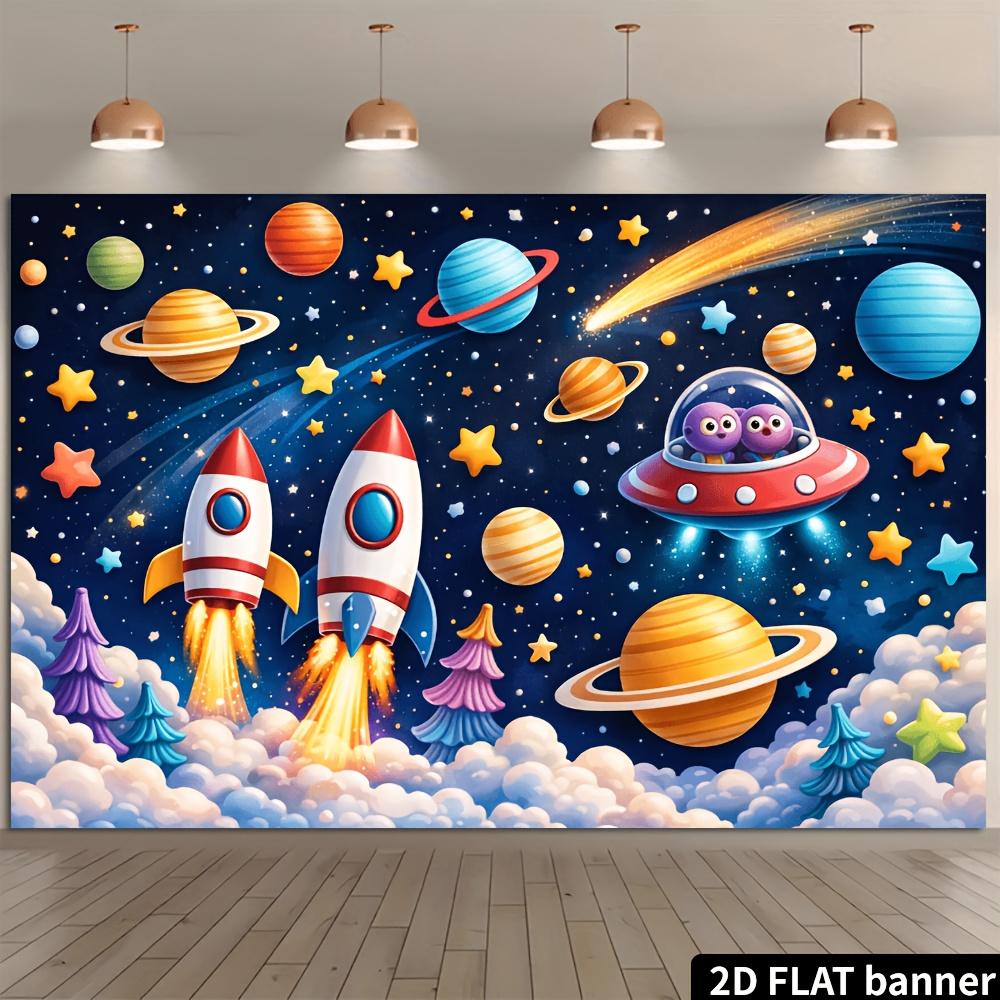2D plane cartoon background with double rocket flying saucer. Deep blue sky, double rockets, planets, flying saucer,DJH
