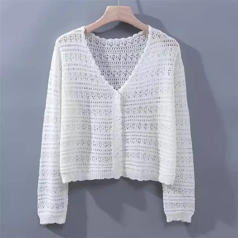 2025 women's summer hollow air-conditioning shirt, fresh candy color v-neck knitted cardigan, light and breathable long-sleeved sunscreen shirt