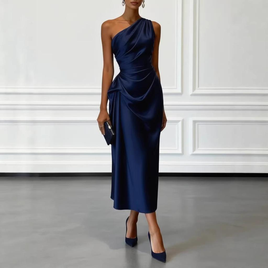 Women One Shoulder Satin Midi Dress Ruched Waist Elegant Wedding Guest Formal Evening Party Dress