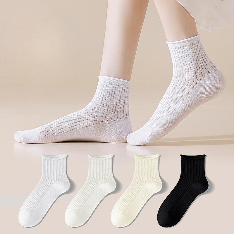 Rolled-up Socks, Autumn Women's Thin Mid-calf Socks, Antibacterial Pure Cotton Socks, Breathable, Sweat-absorbing, Deodorizing and Versatile Socks