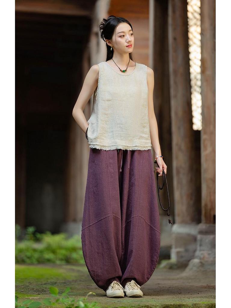 Women's Spring Retro Zen Loose Ramie Cotton Linen Harem Pants for Kung Fu Meditation