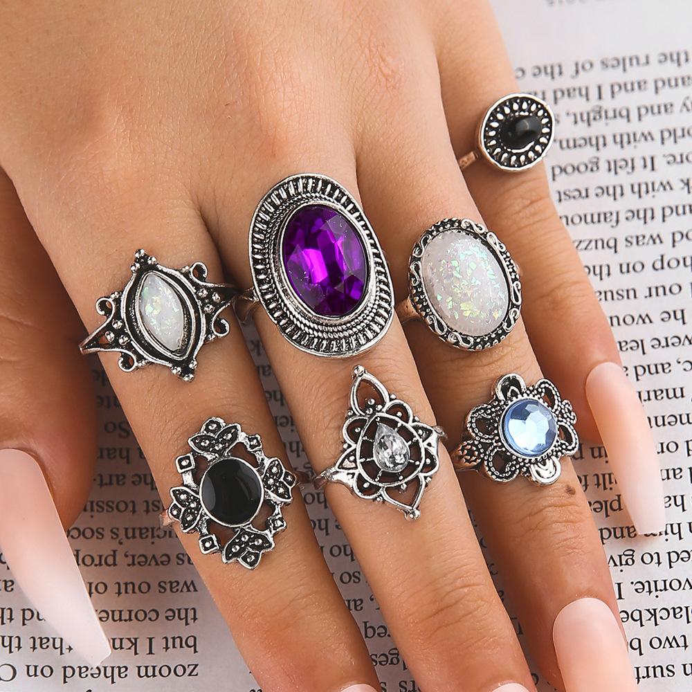 Amethyst Ring Vintage Zircon Hollow Pattern Black Combination 7-piece Ring Set 11