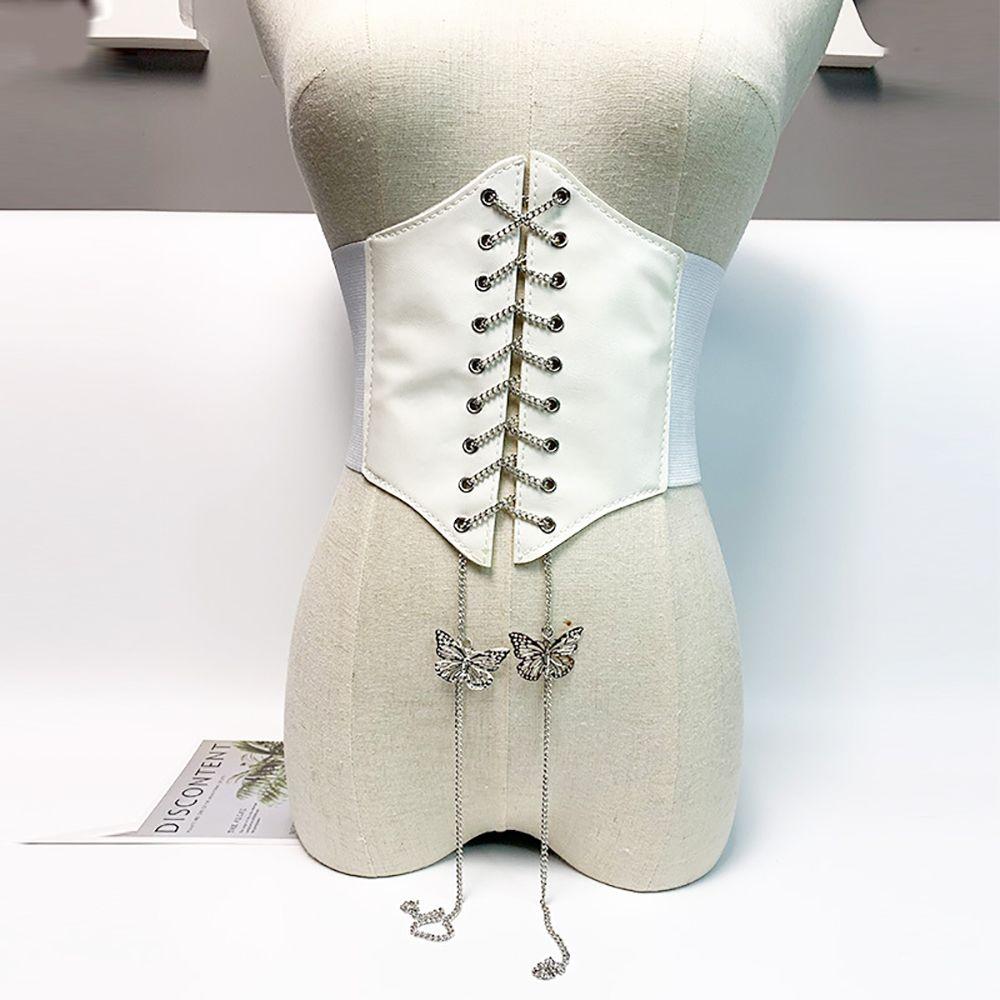 Female Korean Dress PU Leather High Waist Cummerbunds Waist Belt Female Waistband Butterfly Chain