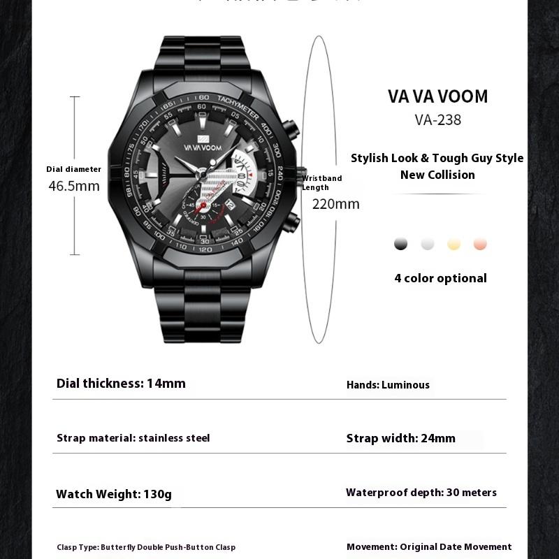 VA VA VOOM Watches for Men Luminous Quartz Watches South East Asia Sports Leisure Steel Belt Watches Sports