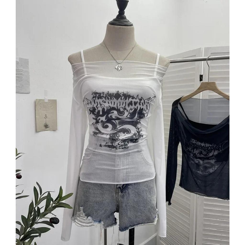 2KWEIRD Women Retro Y2K Hot Girl One Shoulder Mesh Sunscreen Cover Up Camisole Long Sleeve T-Shirt Two-piece Tops Suit Daily Outfit