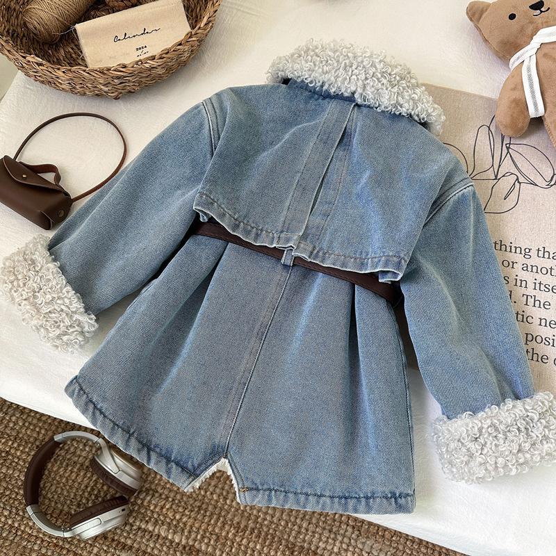 Winter Girls Thick Demin Coats Baby Plus Velvet Warm Outerwear with Belt Kids Princess Designed Long Jackets Children Clothes