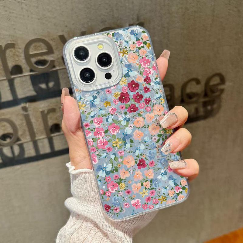 Floral Pattern Feather Sparkling Shockproof Phone Case For iPhone 16 Pro Max 15 Pro 14 13 12 11 Clear TPU Soft Edge Glitter Slim Hard PC Back Cover