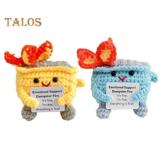2Pcs Positive Crochet Flame Dumpster with Encouraging Card Emotional Support Handmade Knitting Trash Can Doll Decoration Ornament