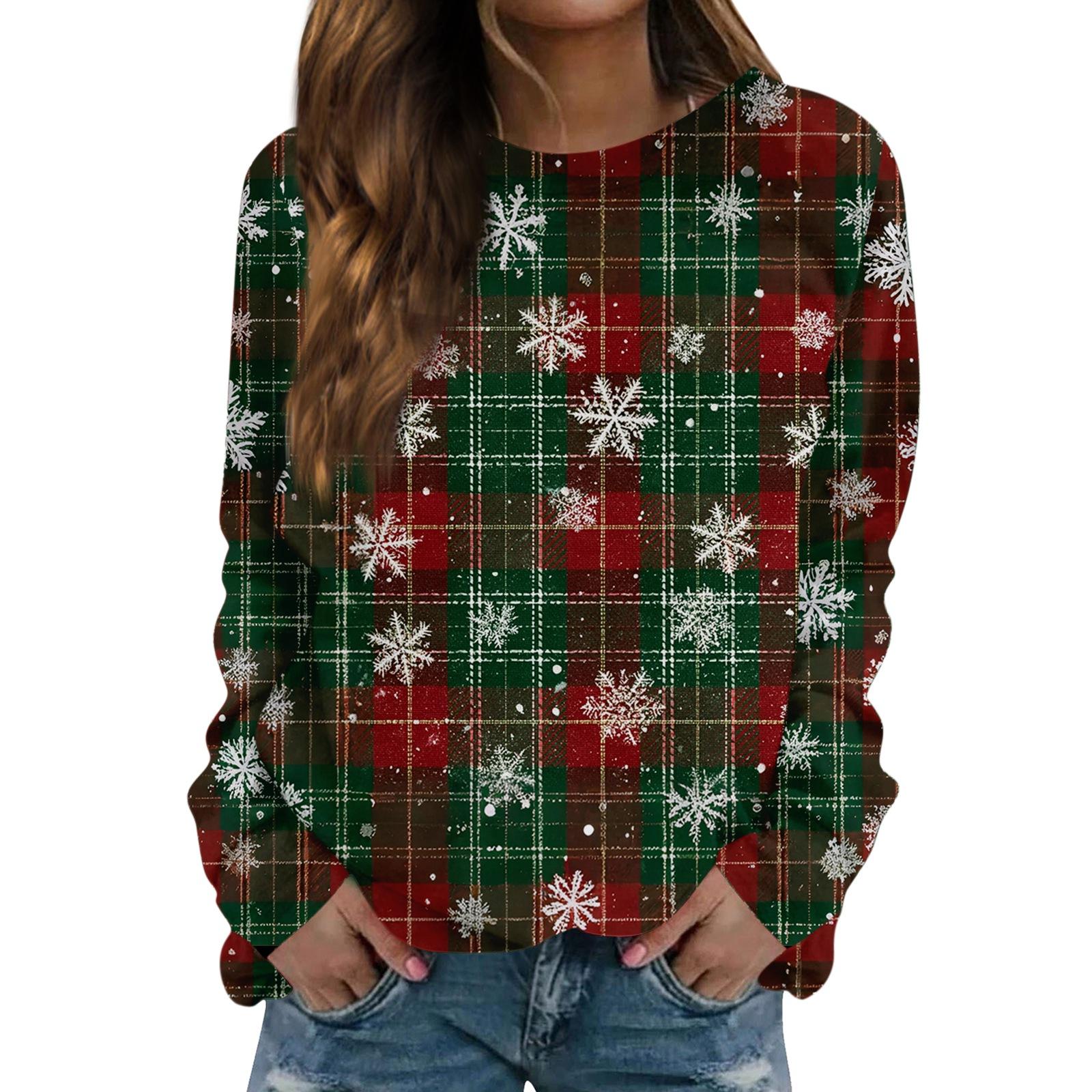 

Women s Fashionable Casual Long-sleeved Retro Christmas Snowman Print Round Neck Top XXL