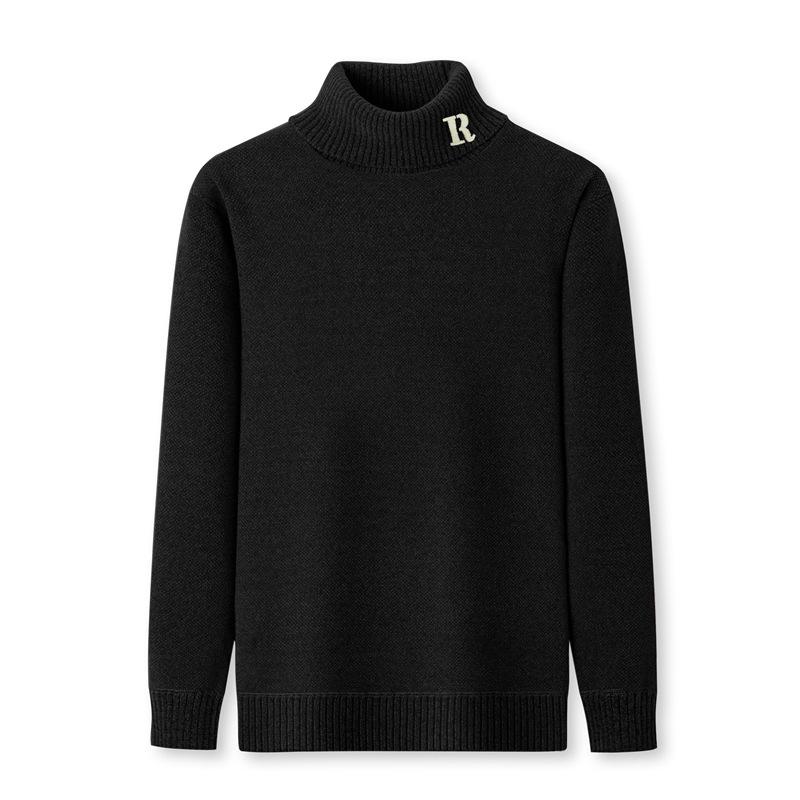 Men's Thick Velvet Sweater - High Collar, Solid Color, Winter Knit Base Layer