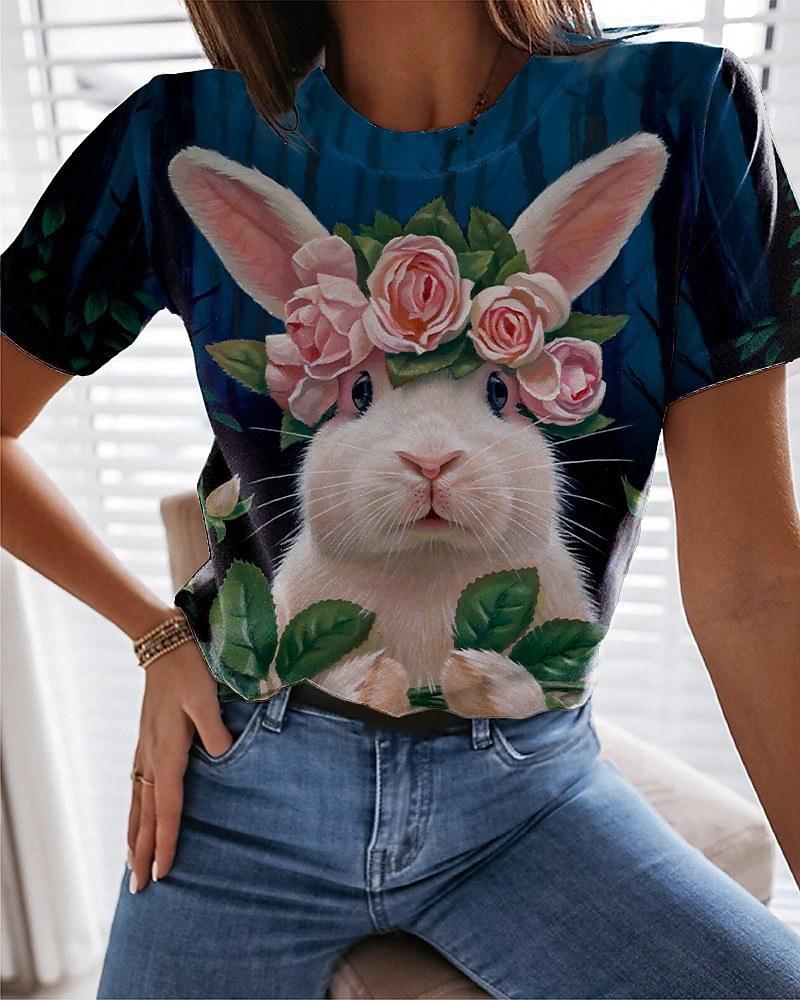 Sommer Rundhals 3D Osterhase Bedrucktes Top Modische Lässige Kurzarm Damen T-Shirts