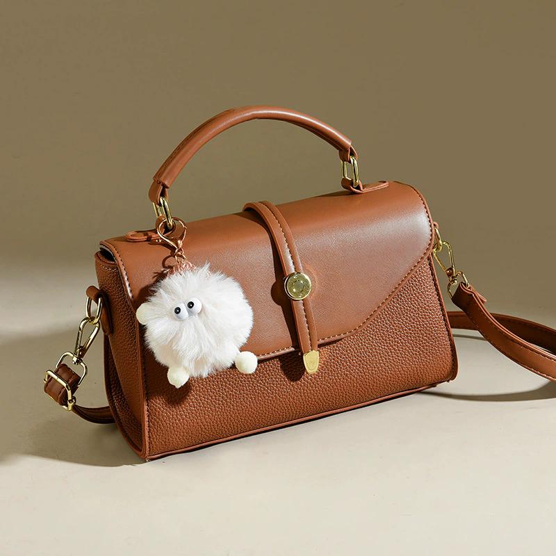 Women's Pink PU Leather Top-Handle Crossbody Bag, Luxury Soft Leather Designer Shoulder Bag with Plush Charm