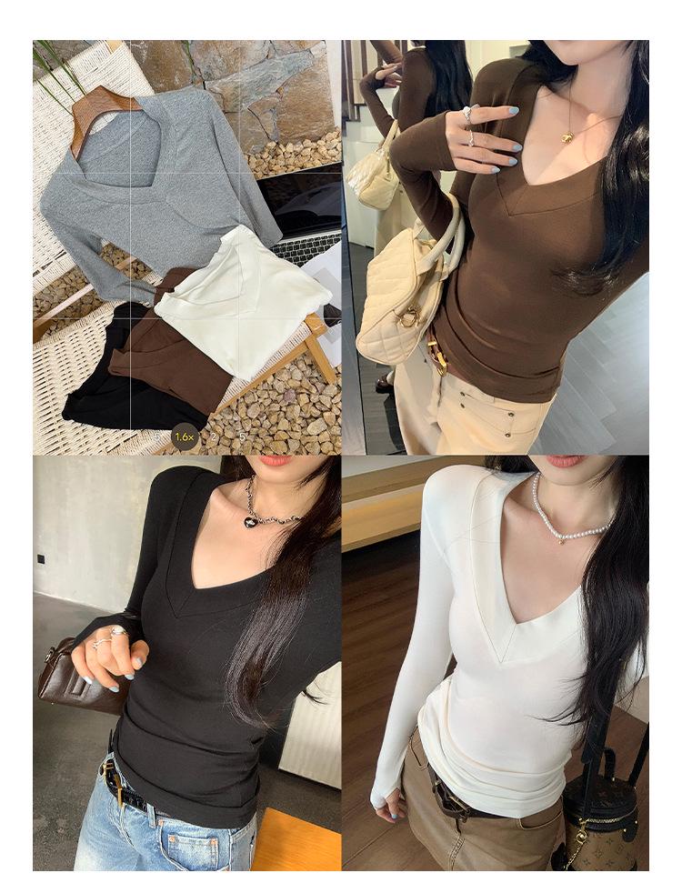 Melanoid V-Neck Coffee T-shirt: Women's Slimming Long Sleeve Base Layer for Autumn/Winter