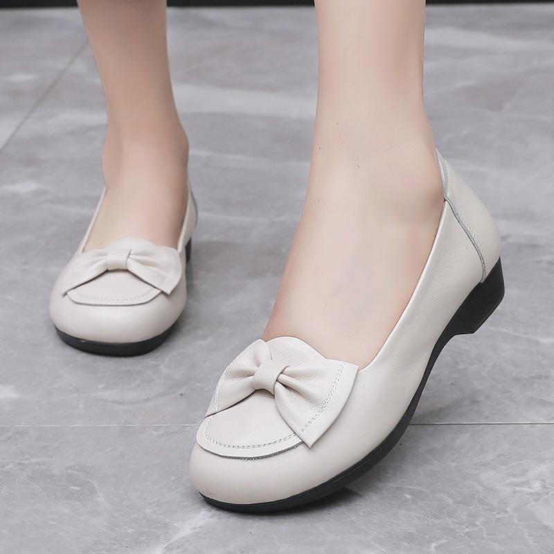 Size35-43 Spring Autumn Genuine Leather Soft Bottom Women Shoes Mom Women Slip-On Shallow Mouth Bow Casual Flat Black Work Shoes