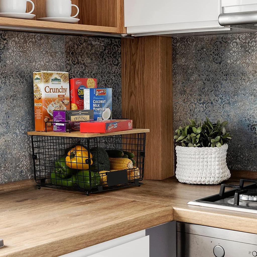 Multi-purpose Folding Iron & Bamboo Storage Rack with Double-layer Baskets for Kitchen & Living Room