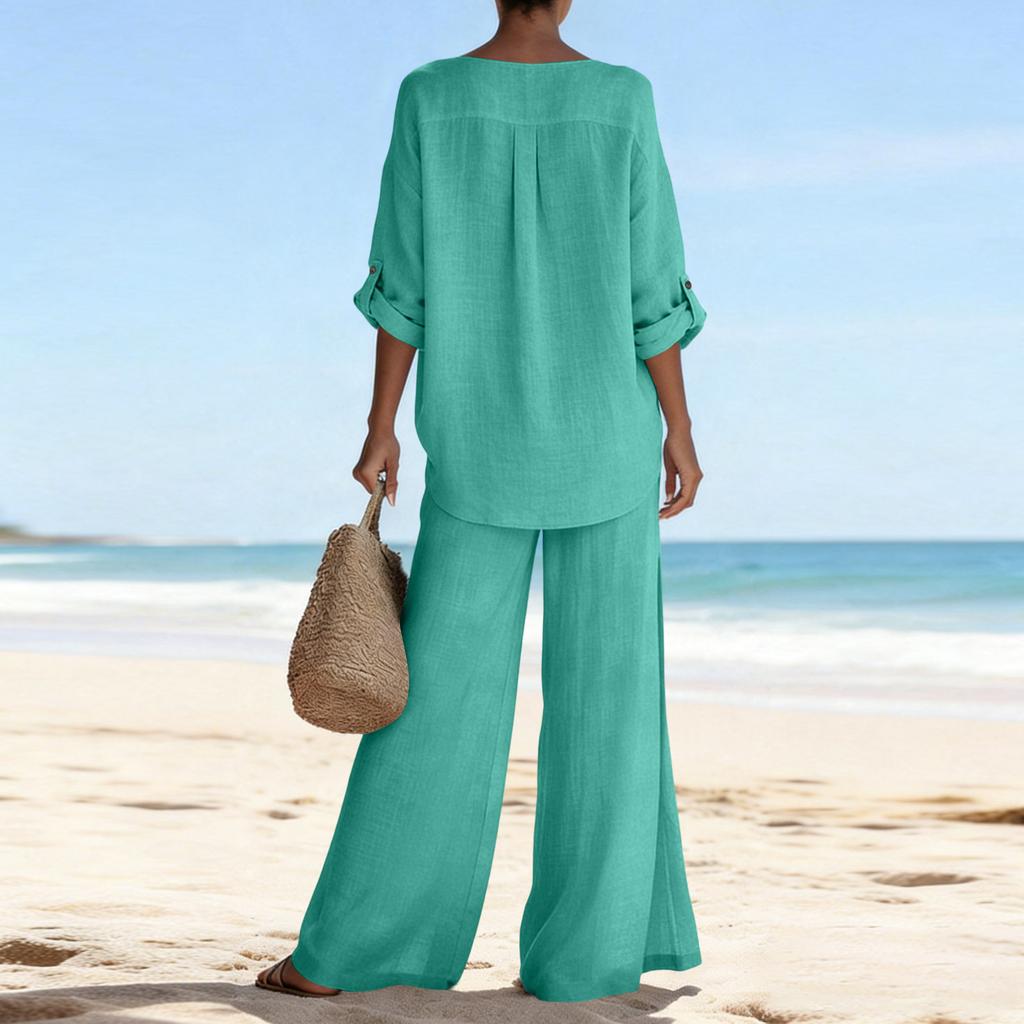 Women's Casual V-neck Long Sleeved Shirt Long Pants Two-piece Set