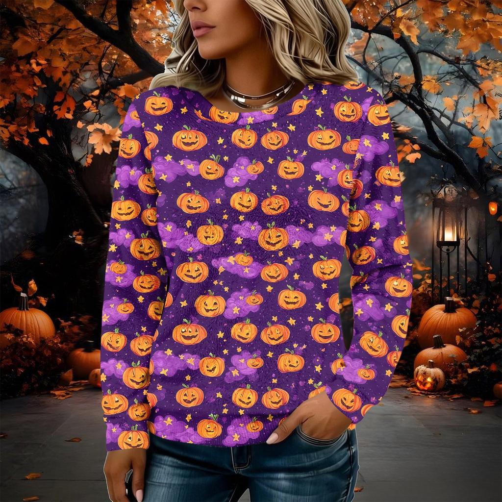 Women's Long Sleeve Flannel Top with Halloween Print for Fall Holiday