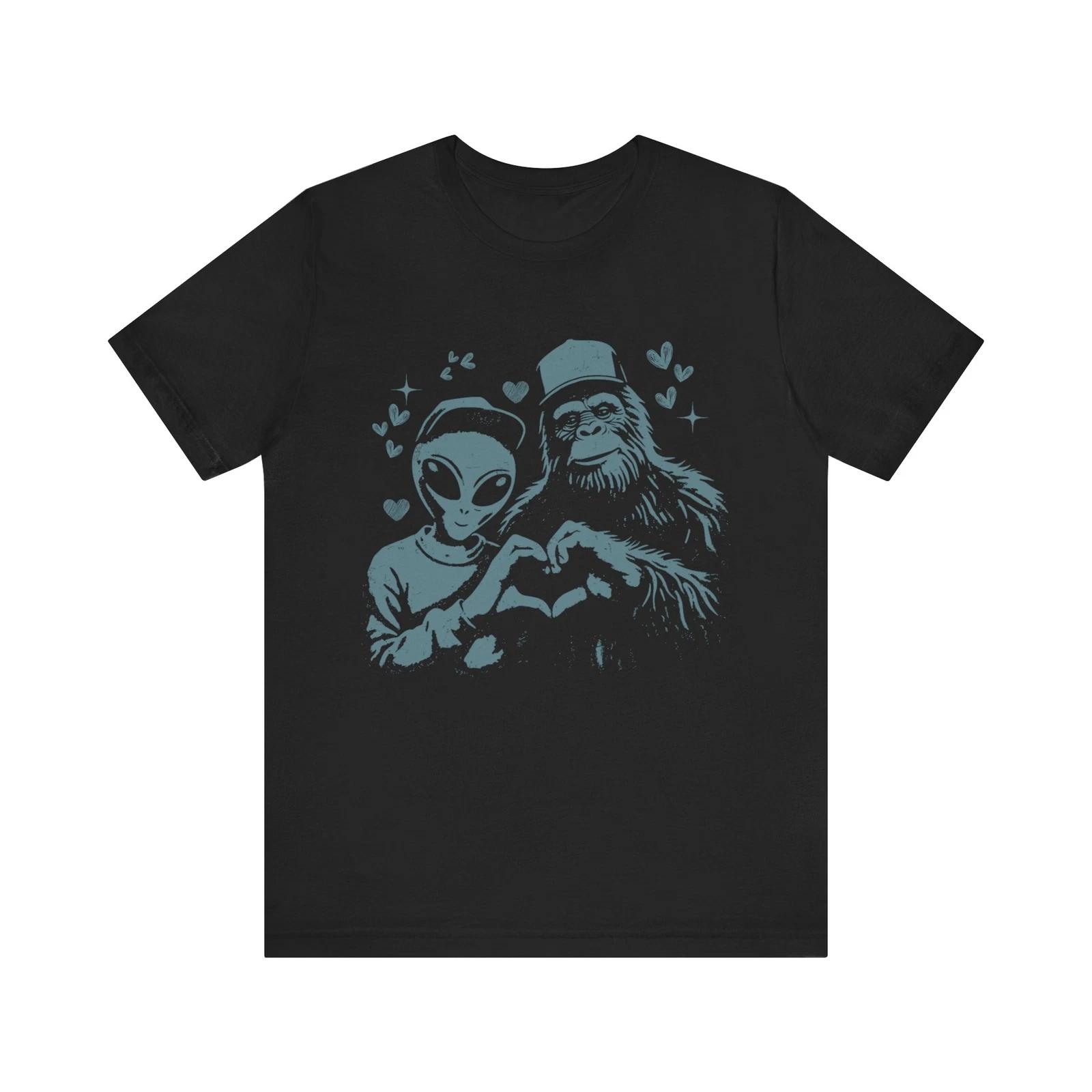 Unisex Funny Alien and Bigfoot Heart Tee Quirky Valentine Cryptid Humor T-Shirt S