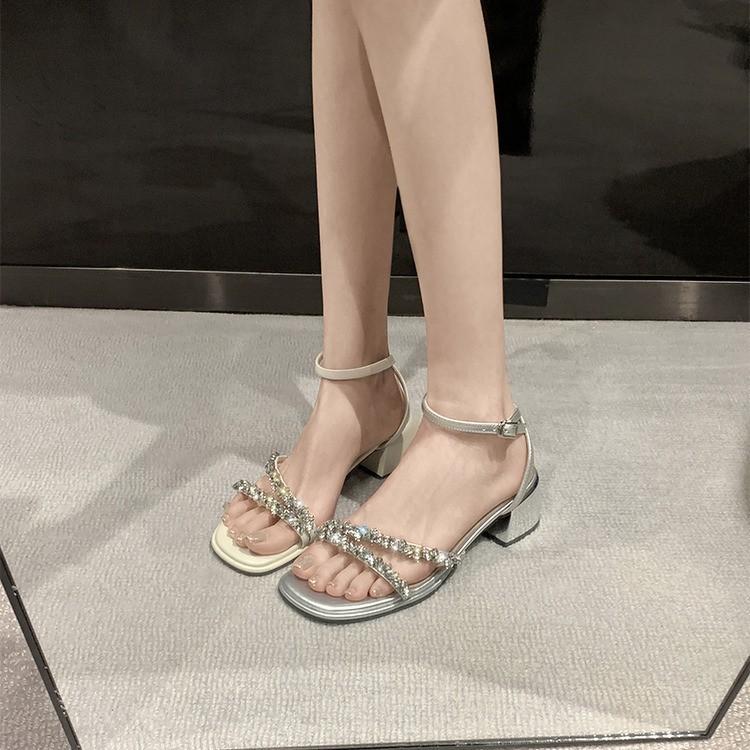 Rhinestone with open-toed thick high-heeled sandals women's wedding shoes