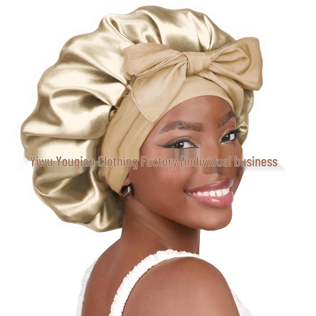 Cross-Border Women's Satin Silk Bow Sleep Cap - Extra Large for Hair Care