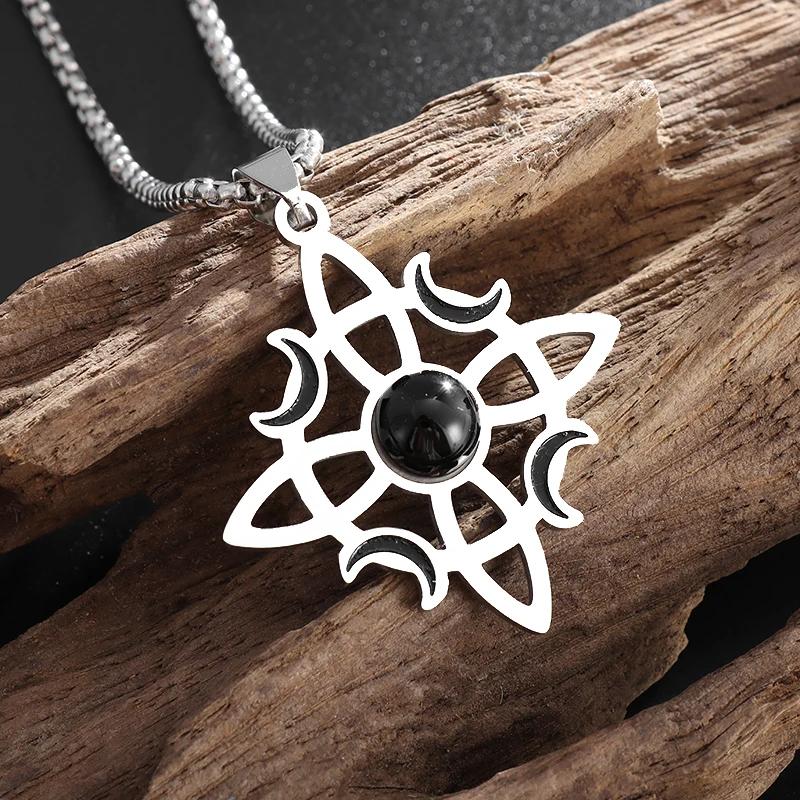 Witch Knot Natural Stone Moon Pendant Necklace Irish Celtic Knot Lucky Jewelry for Men Women Stainless Steel