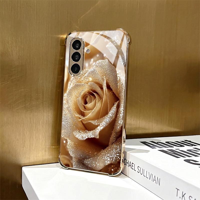 Golden Rose Pattern Glass Phone Case Suitable for Samsung Galaxy S26 S25 S24 S23 S22 S20FE/Ultra/Plus Four Corner Anti Drop Case