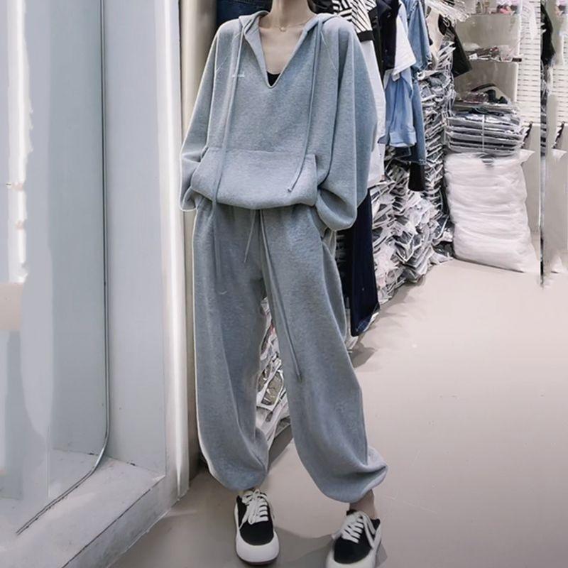 

Весенний костюм-двойка с капюшоном, осенний повседневный костюм, женские свободные спортивные штаны, свитер L серый