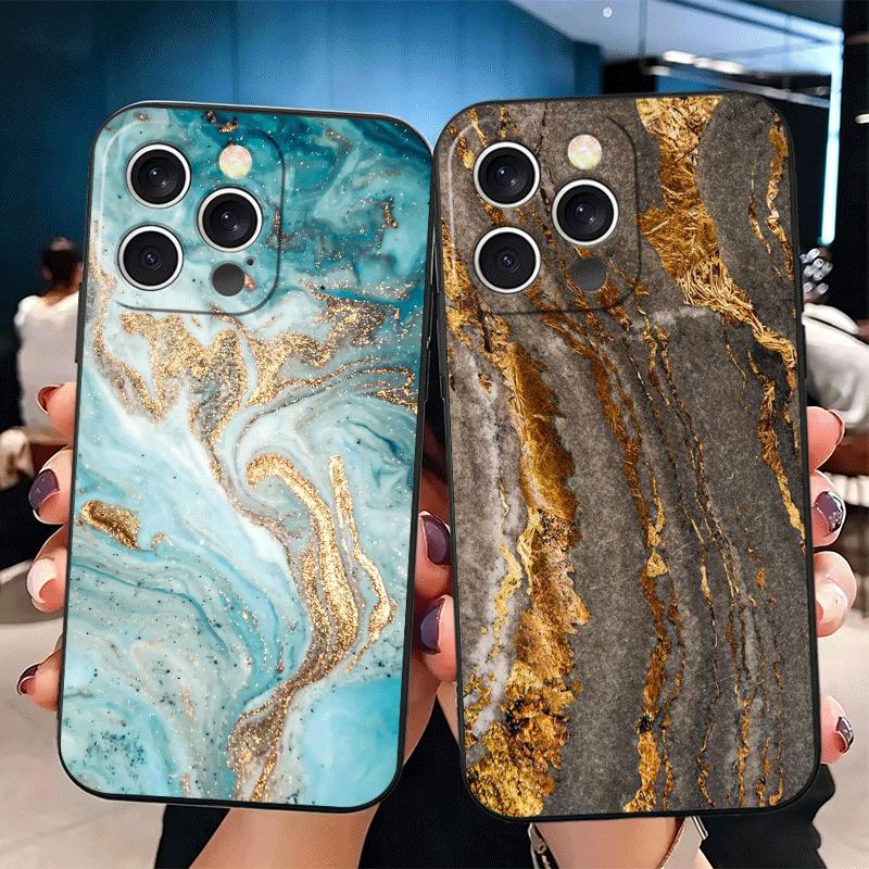 Gold Granite Marble Pattern Soft Phone Case for iPhone 16 16E 17 Air 15 Pro Max 14 Plus 13 Mini 11 12 7 Black Cover Back Shell