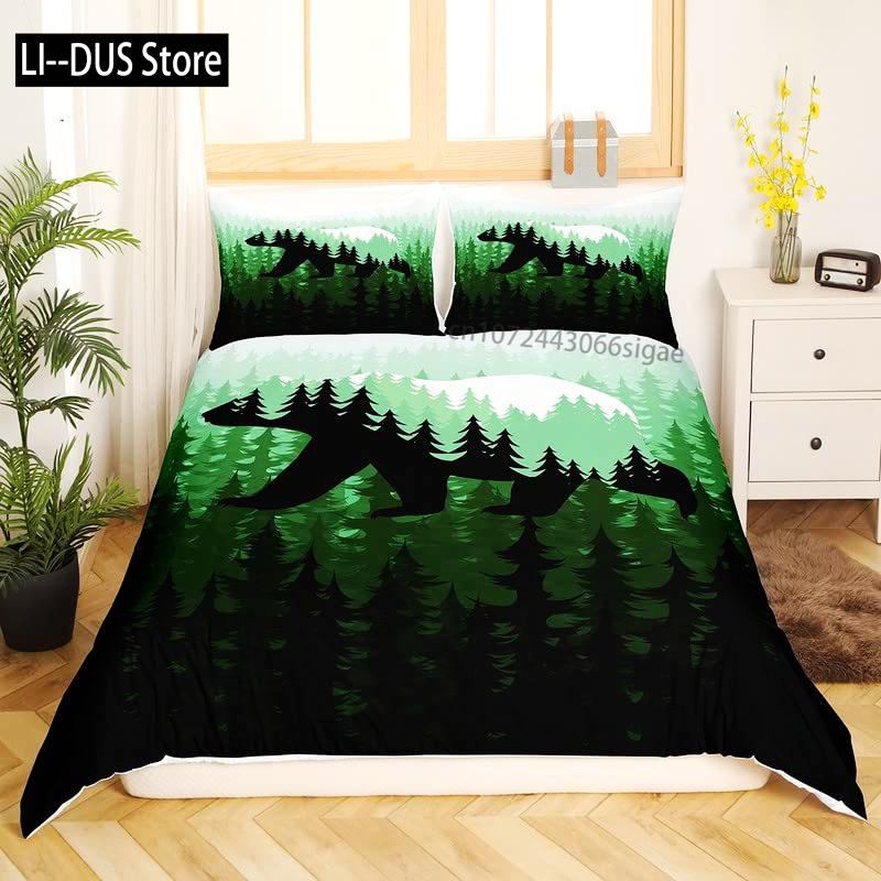 Pine Trees in The Forest Duvet Cover Set Foggy Decorative 3 Piece Bedding Set with 2 Pillow Shams Queen Full Size Warm Taupe