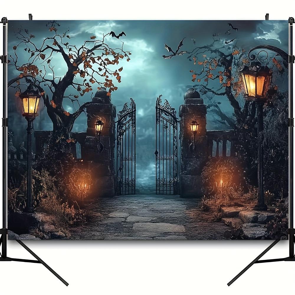 1 terrifying iron gate background - Moonlight sky and illuminated portal  polymer photo background  Halloween decoration