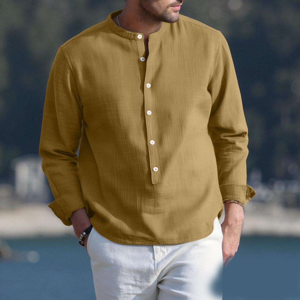 Men's Casual Stand Collar Pullover Shirt Retro Thin Cotton Linen T-shirt Top