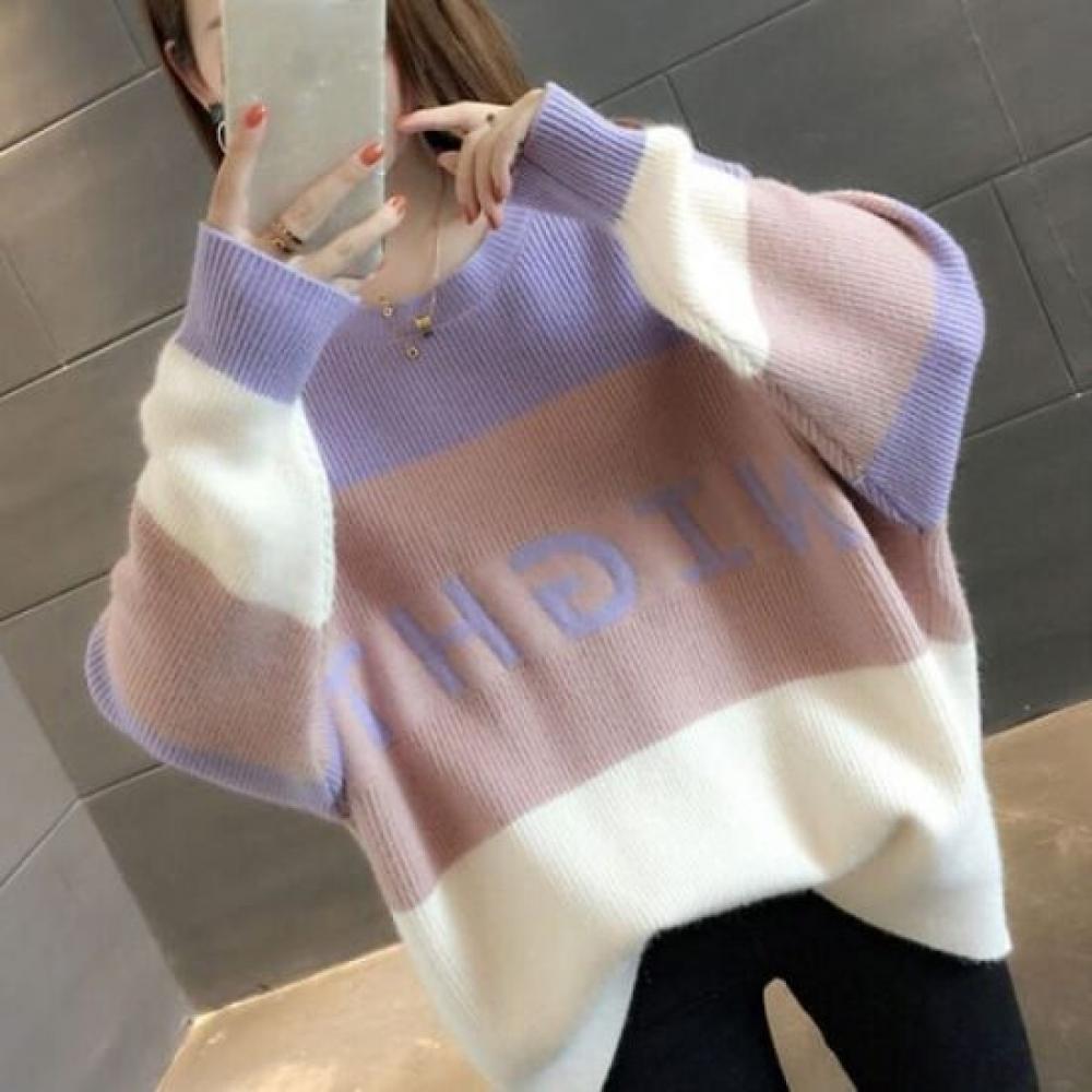 Navava Loose Fit Lettering Color Block Round Neck Long Sleeve Knit Sweater Nk350