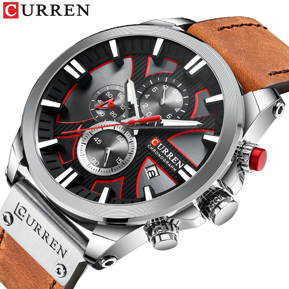 CURREN Men's Six Pin Multifunctional Calendar Quartz Watch Waterproof Leather Strap Fashion Business Watch