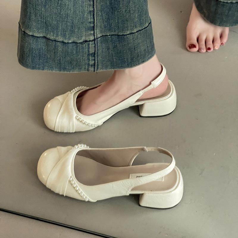 Vintage Pearl Kink Thick Heel Baotou Sandals Fairy Single Shoes with Skirt Mary Jane Shoes